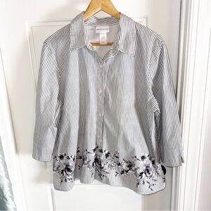 Alfred Dunner Gray Striped w/Floral Design Button Down Shirt XL